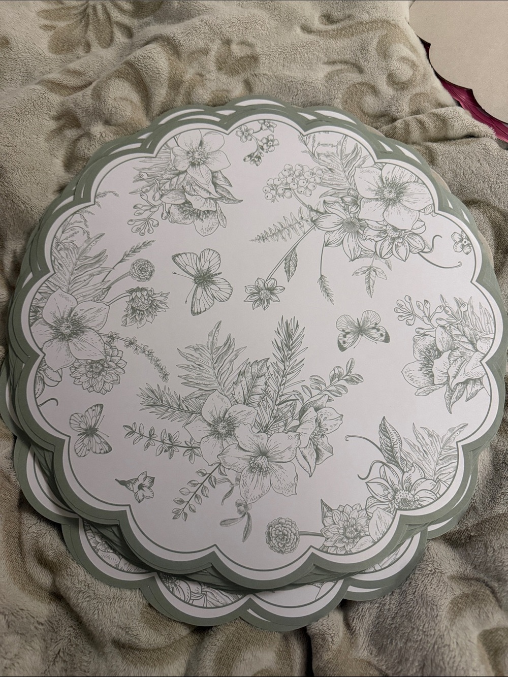 Decorative Scalloped Floral Paper Placemats - Sage & White